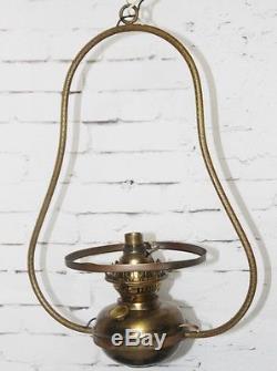 Antique Oil Lamp Converted Electric Hanging Light w Green Glass Shade PL3564