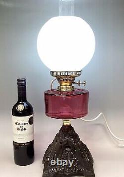 Antique Oil Lamp Converted to Elecricity Cranberry Glass Font Milk Glass Shade
