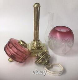 Antique Oil Lamp Cranberry Crystal Font Acid Etched Cranberry Satin Glass Shade