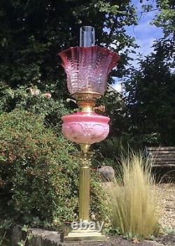 Antique Oil Lamp Cranberry Enamelled Font Cranberry Glass Shade Duplex Burner