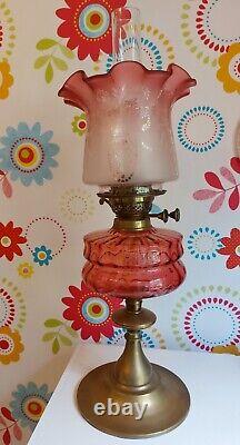 Antique Oil Lamp Cranberry Glass Etched Duplex Victorian