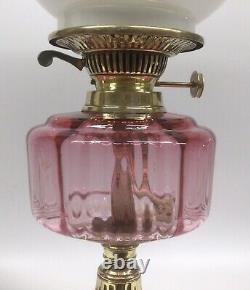 Antique Oil Lamp Cranberry Glass Font Duplex Burner Milk Glass Shade