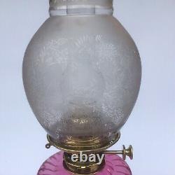 Antique Oil Lamp Cranberry Glass Font Hinks No1 Duplex Burner Acid Etched Shade
