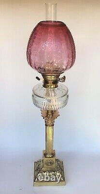 Antique Oil Lamp Cranberry Glass Shade T Rowatt & Sons Duplex Burner 80cm Tall
