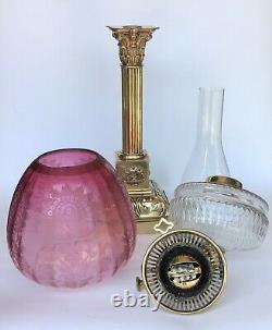 Antique Oil Lamp Cranberry Glass Shade T Rowatt & Sons Duplex Burner 80cm Tall