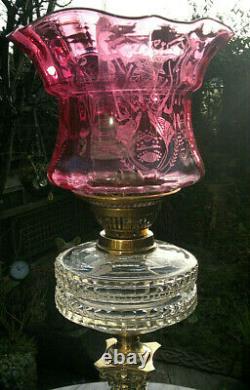 Antique Oil Lamp Cranberry Glass ShadeNeo Classical Corinthian Column30Tall