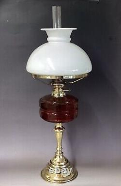 Antique Oil Lamp Cut Ruby Crystal Font Brass Base Central Draught Burner