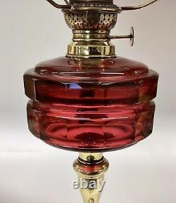 Antique Oil Lamp Cut Ruby Crystal Font Brass Base Central Draught Burner