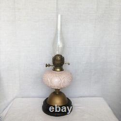 Antique Oil Lamp Double Burner Pink Moulded Milk Glass In Working Order