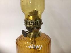 Antique Oil Lamp Duplex Amber Glass Font & Chimney Pyramid Oil Lamp Base