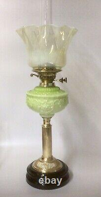 Antique Oil Lamp Duplex Burner Acid Green Moulded Font Vaseline Glass Shade