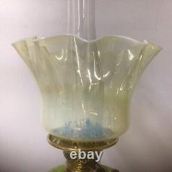 Antique Oil Lamp Duplex Burner Acid Green Moulded Font Vaseline Glass Shade