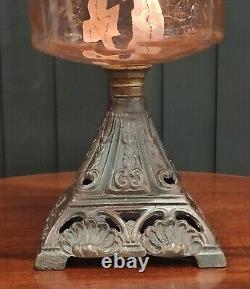 Antique Oil Lamp Duplex Burner Etched Glass Shade & Cranberry Font Pyramid Base