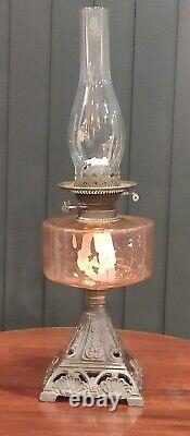 Antique Oil Lamp Duplex Burner Etched Glass Shade & Cranberry Font Pyramid Base
