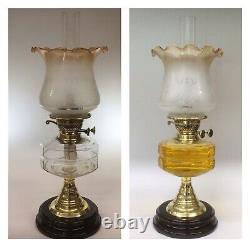 Antique Oil Lamp Duplex Burner Frilled Lustre Shade Brass Oil Lamp Base