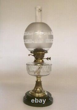 Antique Oil Lamp Duplex Burner Green Base Cut Glass Font Globe Oil lamp Shade
