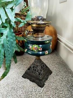 Antique Oil Lamp Duplex Burner Painted Glass Font Pyramid Shaped Oil Lamp Base