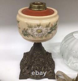 Antique Oil Lamp Duplex Burner Painted Opaline Glass Font Pyramid Base