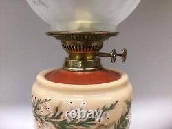 Antique Oil Lamp Duplex Burner Painted Opaline Glass Font Pyramid Base