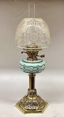 Antique Oil Lamp Duplex Burner Victorian Acid Etched Beehive Glass Shade