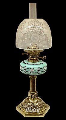 Antique Oil Lamp Duplex Burner Victorian Acid Etched Beehive Glass Shade