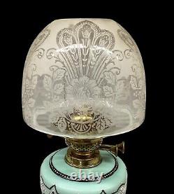 Antique Oil Lamp Duplex Burner Victorian Acid Etched Beehive Glass Shade