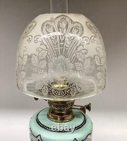 Antique Oil Lamp Duplex Burner Victorian Acid Etched Beehive Glass Shade