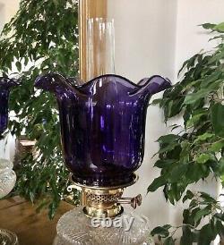 Antique Oil Lamp Duplex NuSun Burner Cut Crystal Font Purple Glass Shade