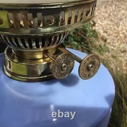 Antique Oil Lamp Enamelled Glass Font Duplex Burner Milk Glass Globe Shade