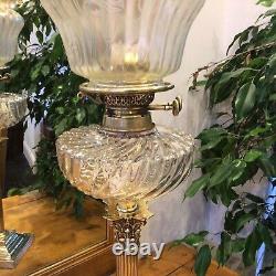 Antique Oil Lamp Evered Duplex Burner Swirled Glass Font Corinthian Column 72cm