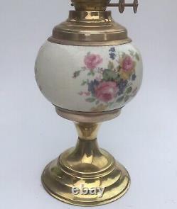 Antique Oil Lamp Floral Crackle Glaze Font Frilling Pink Lamp Shade Duplex Burne