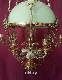 Antique Oil Lamp French Figural Chandelier Victorian Hanging Candelabra Majolica