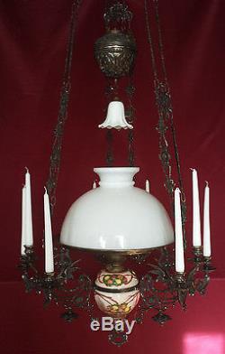 Antique Oil Lamp French Gothic Chandelier Victorian Hanging Candelabra Majolica
