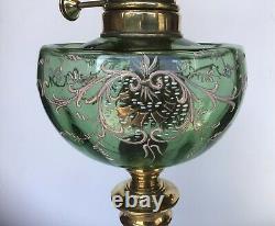 Antique Oil Lamp Green Enamelled Glass Font Ecla Centre Draught Burner