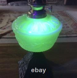 Antique Oil Lamp Green Moulded Uranium Vaseline Glass Font Pyramid Base