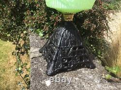 Antique Oil Lamp Green Moulded Uranium Vaseline Glass Font Pyramid Base