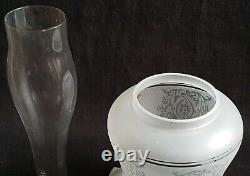 Antique Oil Lamp Hand Painted Fuchsia Flowers Acid Etched Frosted Glass Shade