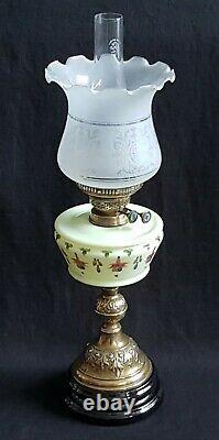 Antique Oil Lamp Hand Painted Fuchsia Flowers Acid Etched Frosted Glass Shade