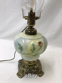 Antique Oil Lamp Hand Painted Milk Glass Floral GWTW Banquet Converted Electric