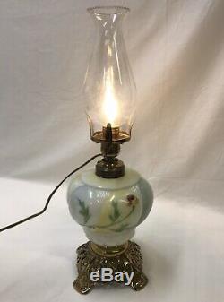 Antique Oil Lamp Hand Painted Milk Glass Floral GWTW Banquet Converted Electric