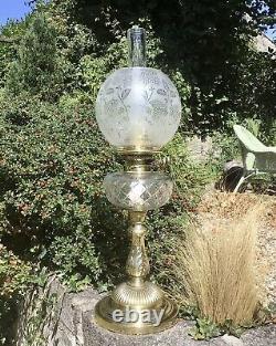 Antique Oil Lamp Hinks Duplex Burner Cut Crystal Font Antique Acid Etched Shade