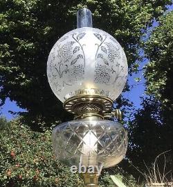 Antique Oil Lamp Hinks Duplex Burner Cut Crystal Font Antique Acid Etched Shade