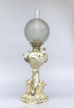 Antique Oil Lamp Hinks No2 Duplex Moore Bros Flower Encrusted Base Antique Shade
