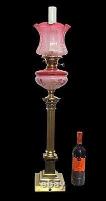 Antique Oil Lamp, Large Banqueting Lamp, Corinthian Column, Cranberry Shade