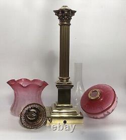 Antique Oil Lamp, Large Banqueting Lamp, Corinthian Column, Cranberry Shade