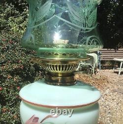 Antique Oil Lamp Painted Green Glass Font Duplex Burner Green Oil Lamp Shade