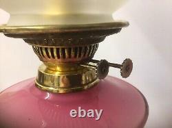 Antique Oil Lamp Pink Cased Glass Font Hand Painted Flowers Duplex Burner
