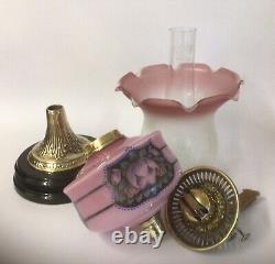 Antique Oil Lamp Pink Cased Glass Font Hand Painted Flowers Duplex Burner