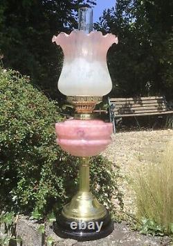 Antique Oil Lamp Pink Mottled Glass Font Veritas Base Duplex Burner Pink Shade