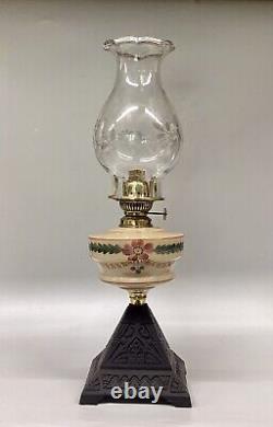 Antique Oil Lamp Rowatt & Sons Single Wick Burner Painted Opaline Glass Font